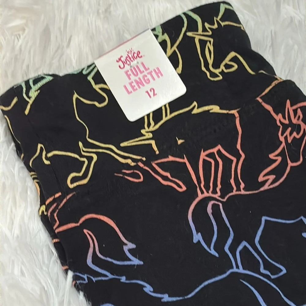 NWT JUSTICE Girls Unicorn Full Length Leggings | Size 12 | Rainbow Outline Print